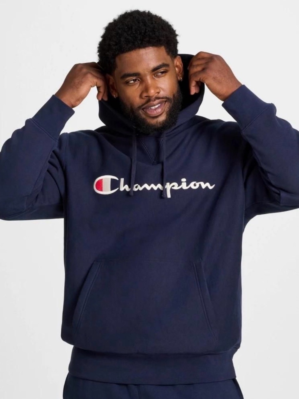 Champion Navy Hoodie with Script Logo and Red Accent
